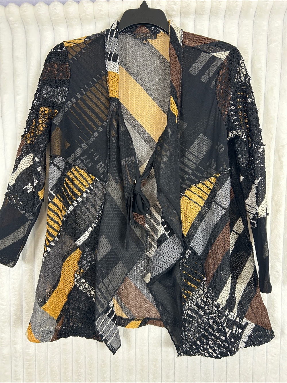 Picadilly Fashion Black Gray Brown Geometric Draped cardigan Jacket L 90s